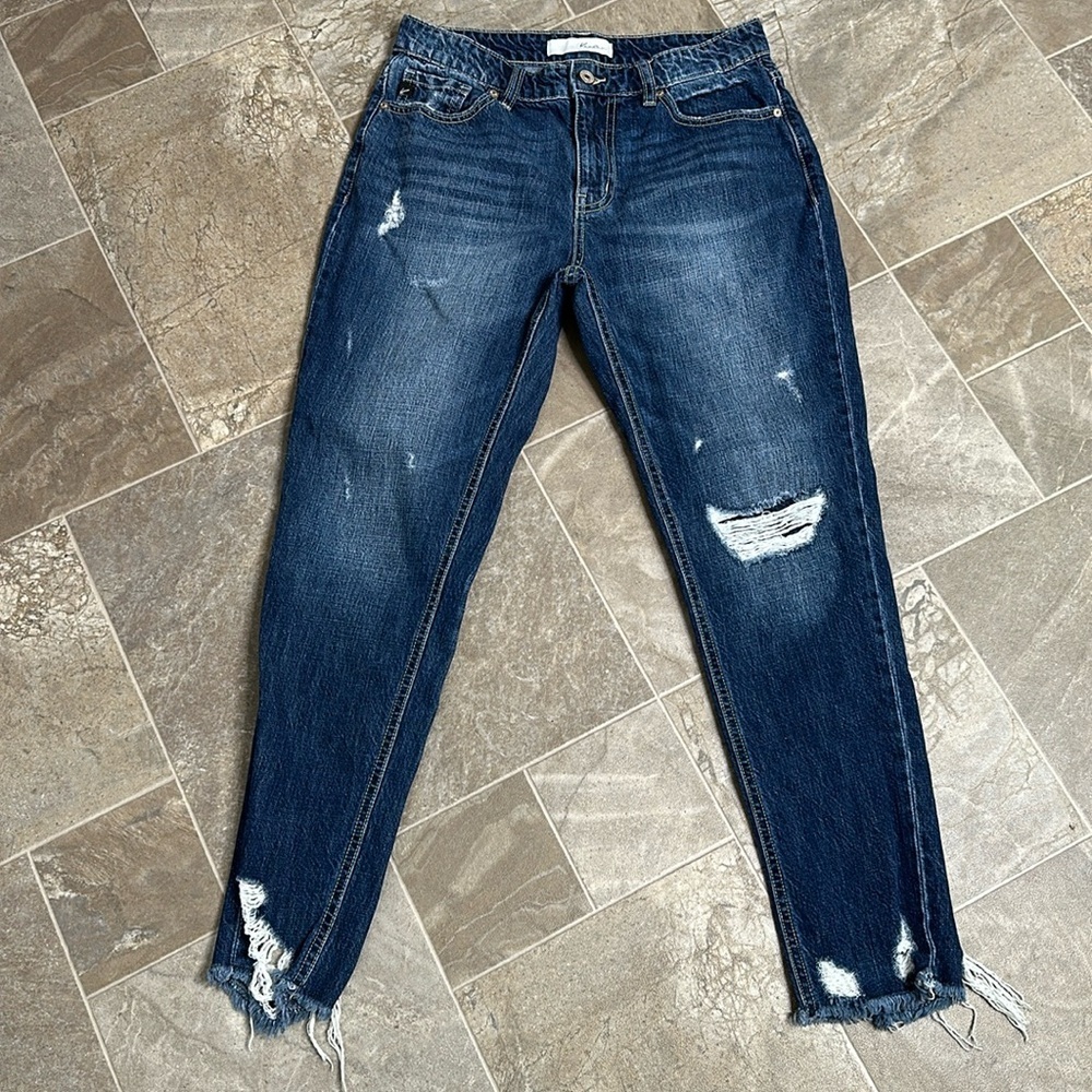 Kancan Denim Jeans Size W5/ 26 Raw Hem Dark Wash Distressed Cut # 34287